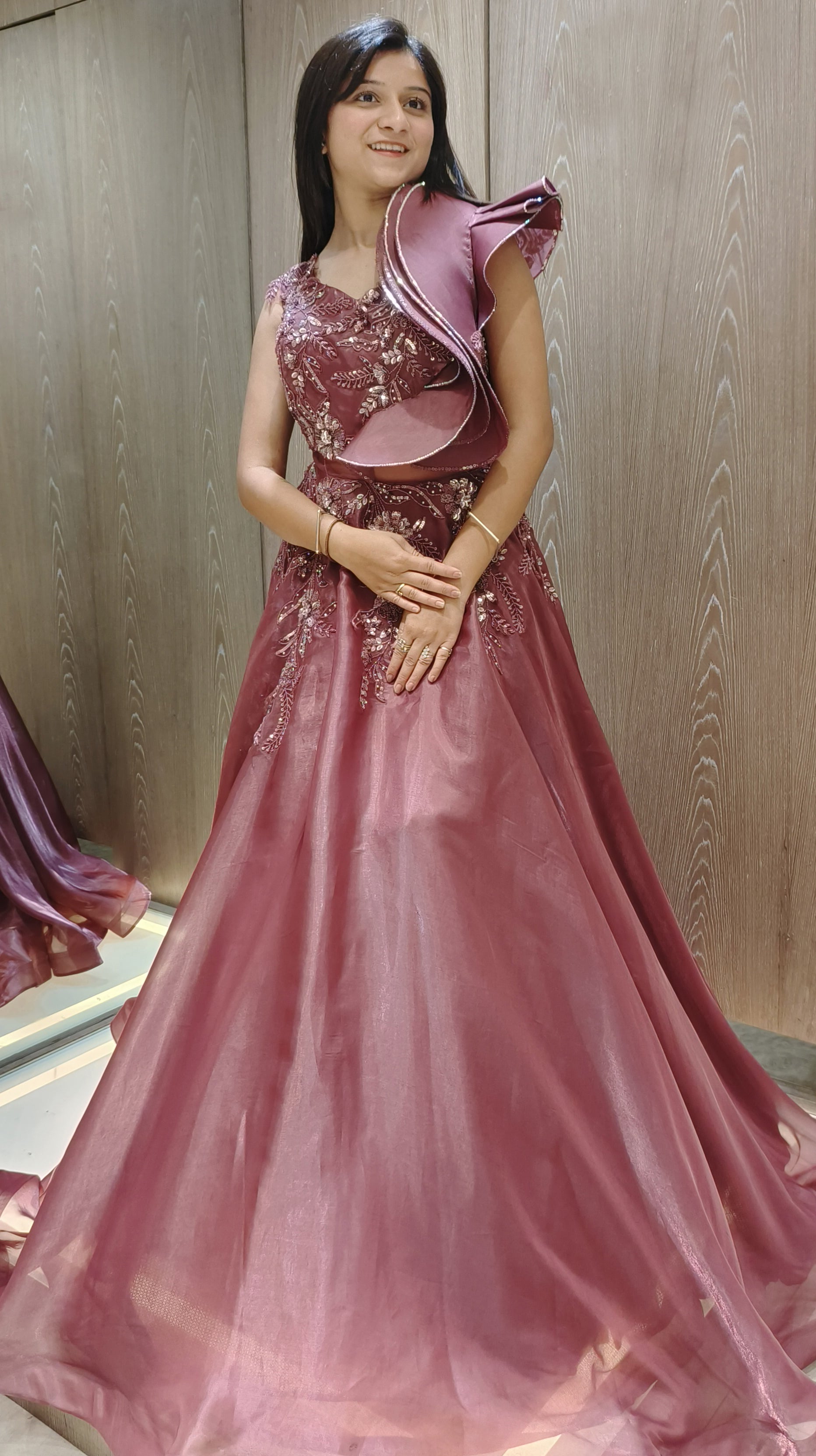 Onion Pink Color Organza Hand Work Reception Wear Gown